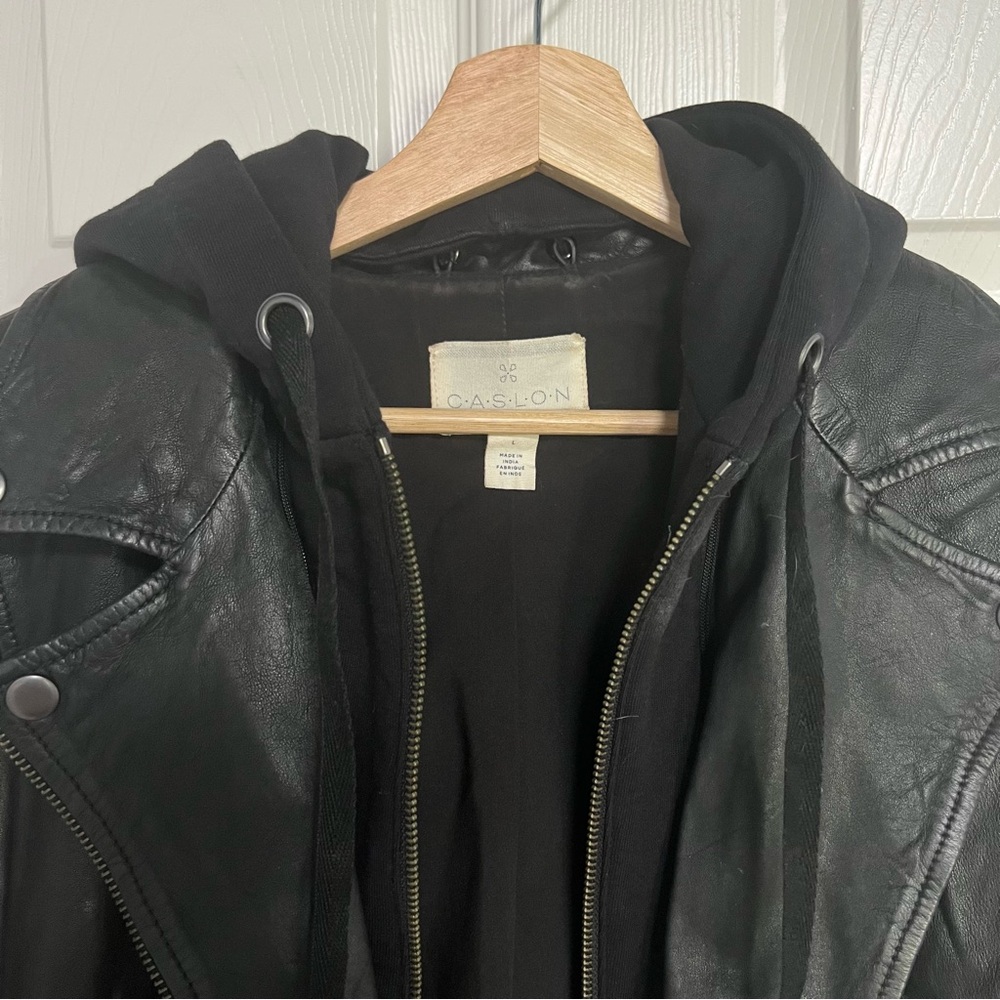 Caslon Black Leather Moto Jacket Women Large Removable Hood - Picture 9 of 16